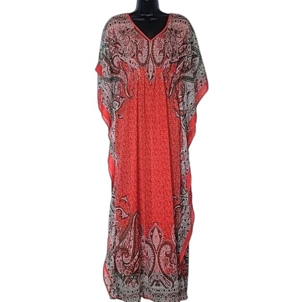 Flowy Bohemian-Style Red Paisley Printed Caftan Dress With Sheer Overlay & Loose
